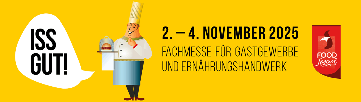 Kopfgrafik ISS GUT! Fachmesse für Gastgewerbe und Ernährungshandwerk 2. bis 4. November 2025 Kopfgrafik ISS GUT! Fachmesse für Gastgewerbe und Ernährungshandwerk 2. bis 4. November 2025